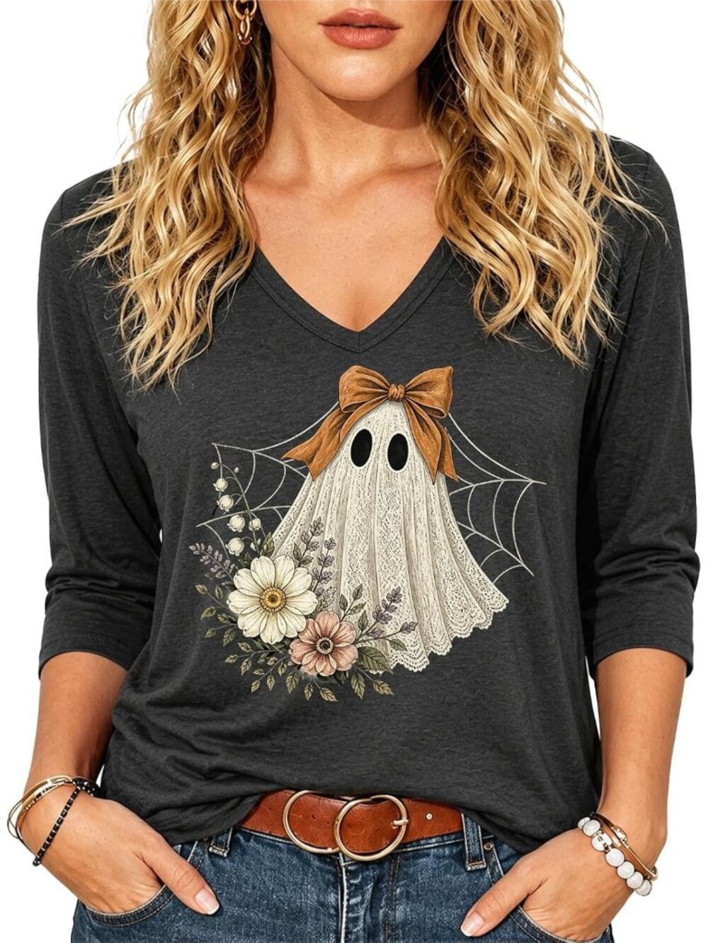 Women's Dark Grey V Neck 3/4 Sleeve Ghost Pumpkin Halloween Tee Shirts Tops